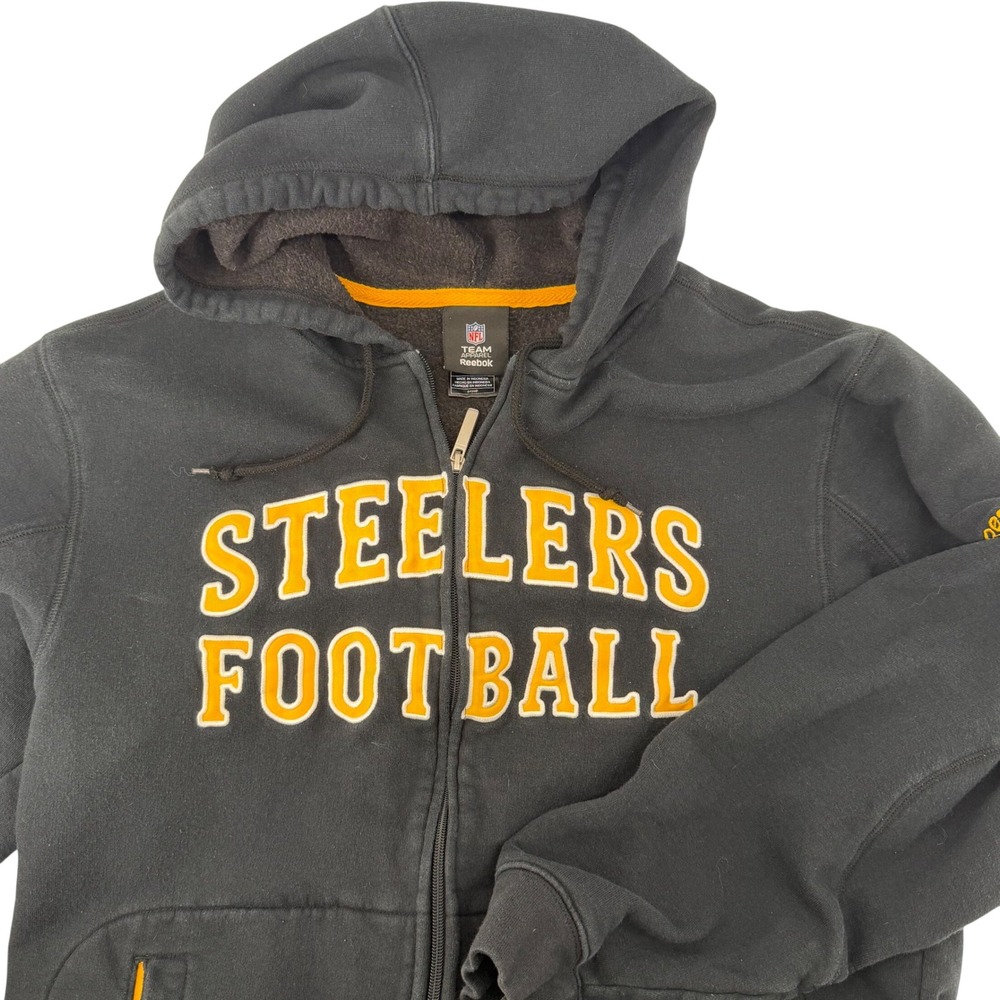 Reebok Hoodie Mens Small Black Steelers Football NFL Full‎ Zip Fleece Sweatshirt
